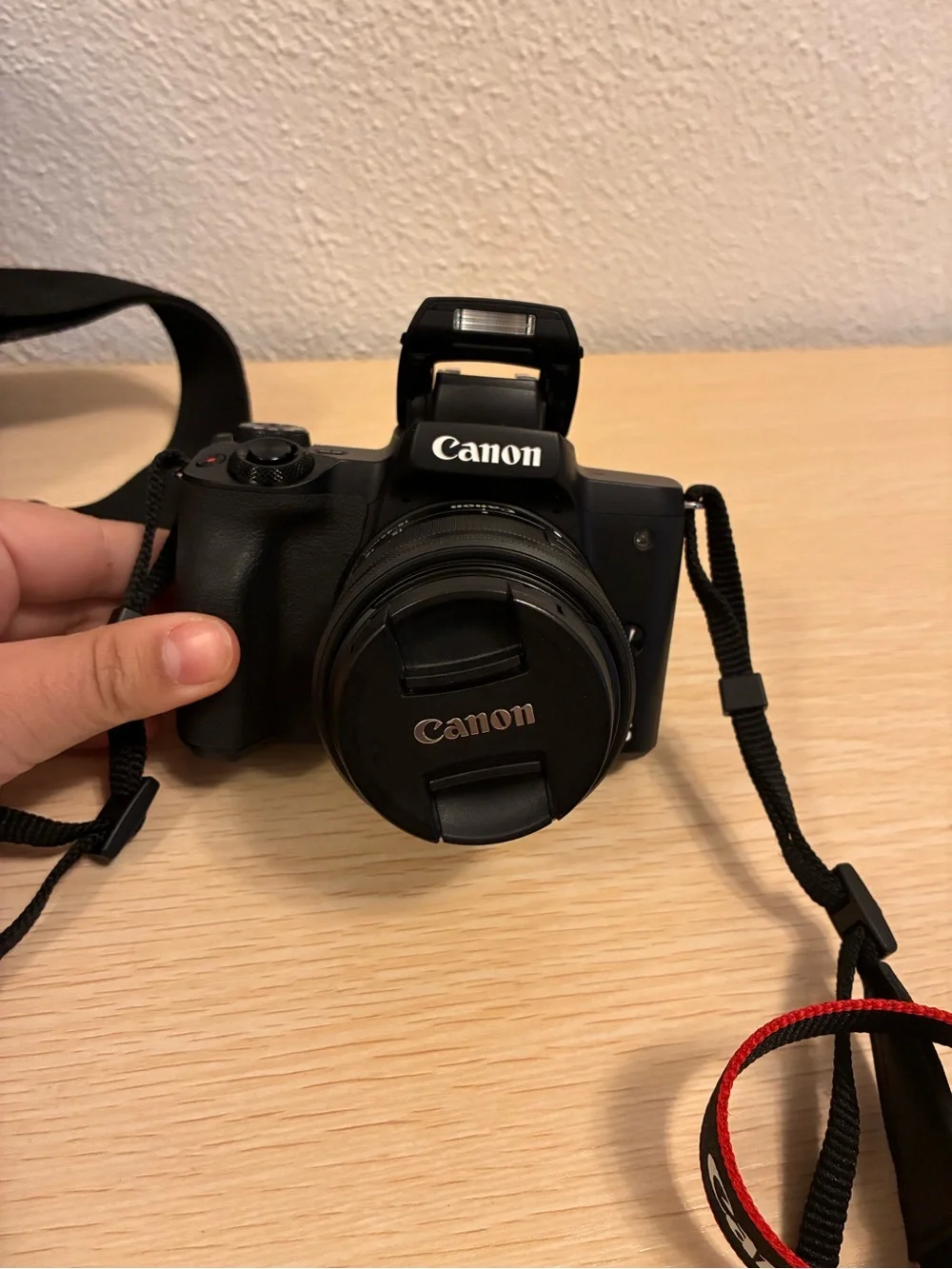 Canon Mirrorless Camera Bundle in Black with Red-Trim Strap